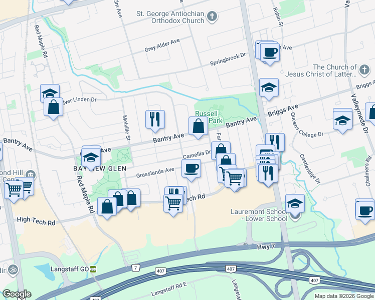 map of restaurants, bars, coffee shops, grocery stores, and more near 9 Callowhill Avenue in Richmond Hill