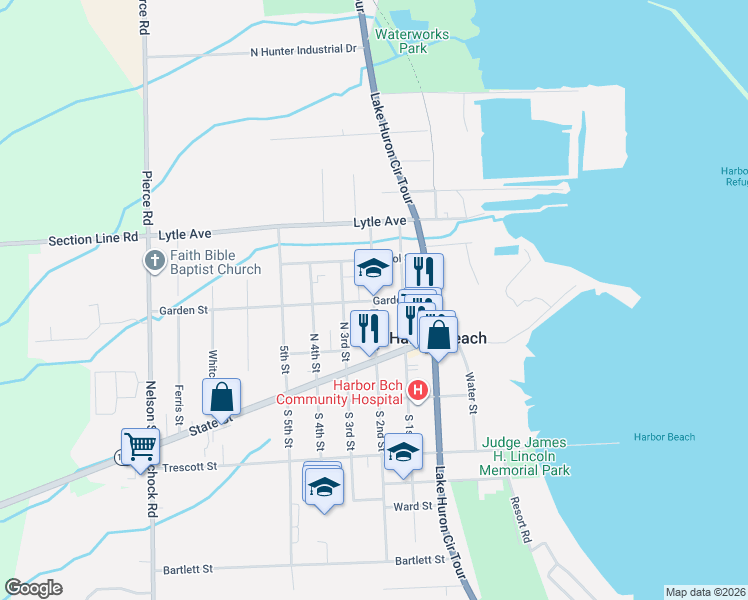 map of restaurants, bars, coffee shops, grocery stores, and more near 200-298 North 2nd Street in Harbor Beach