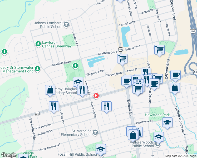 map of restaurants, bars, coffee shops, grocery stores, and more near 87 Farooq Boulevard in Vaughan