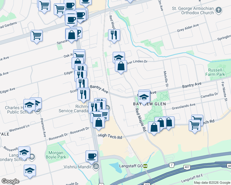 map of restaurants, bars, coffee shops, grocery stores, and more near 75 King William Crescent in Richmond Hill