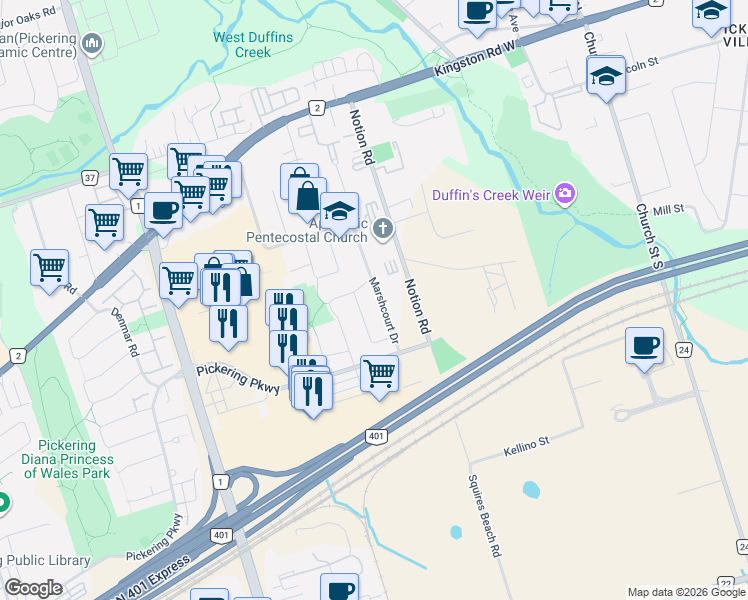 map of restaurants, bars, coffee shops, grocery stores, and more near 1540 Marshcourt Drive in Pickering