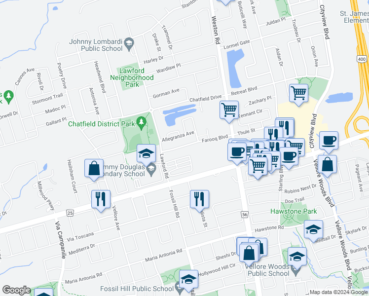 map of restaurants, bars, coffee shops, grocery stores, and more near 87 Farooq Boulevard in Vaughan