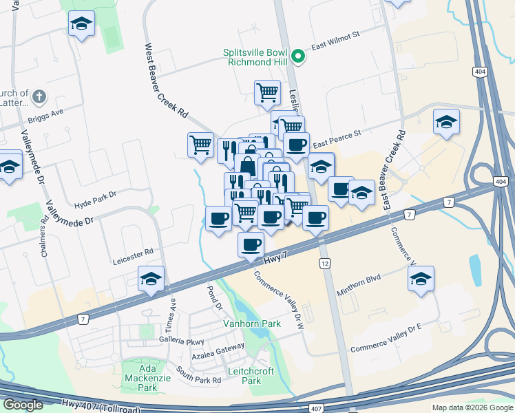 map of restaurants, bars, coffee shops, grocery stores, and more near 245 West Beaver Creek Road in Richmond Hill