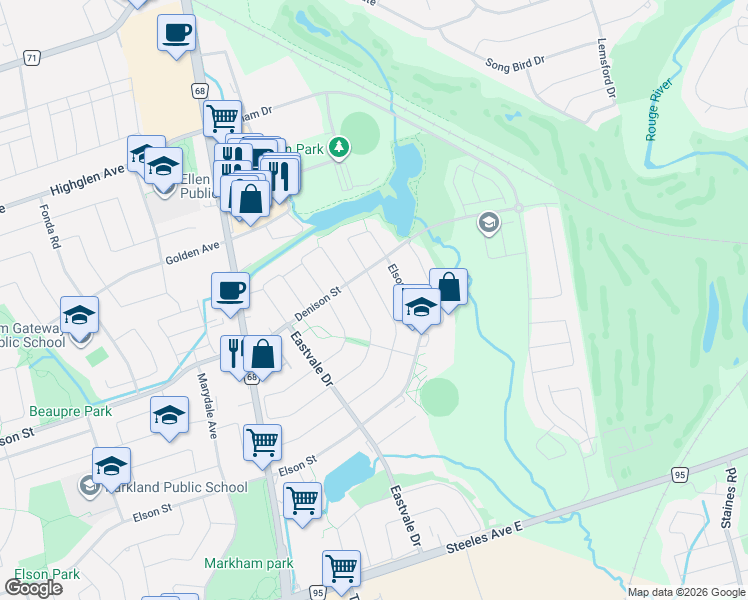 map of restaurants, bars, coffee shops, grocery stores, and more near 118 Guinevere Road in Markham