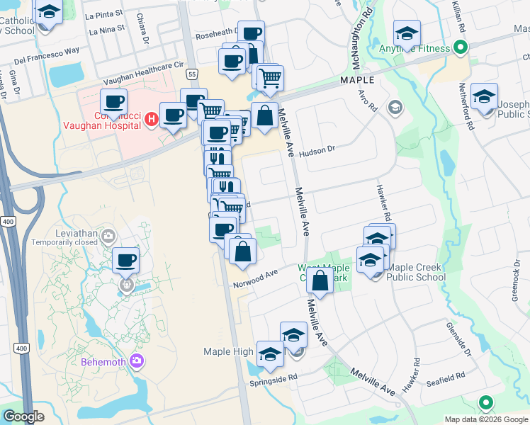 map of restaurants, bars, coffee shops, grocery stores, and more near 136 Bachman Drive in Vaughan