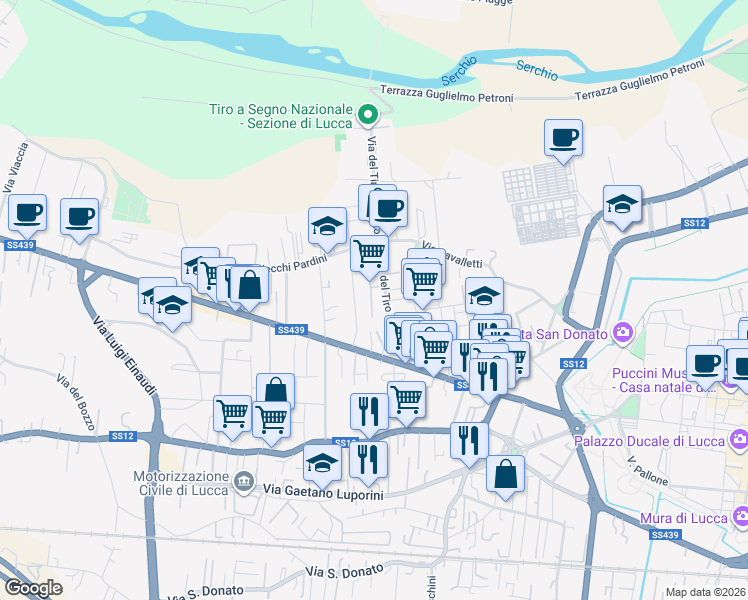 map of restaurants, bars, coffee shops, grocery stores, and more near 67 Via del Tiro a Segno Traversa IV in Lucca