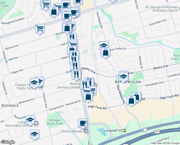 map of restaurants, bars, coffee shops, grocery stores, and more near 51 Baffin Court in Richmond Hill