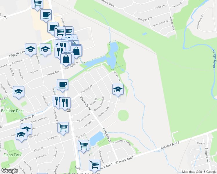 map of restaurants, bars, coffee shops, grocery stores, and more near 113 Guinevere Road in Markham