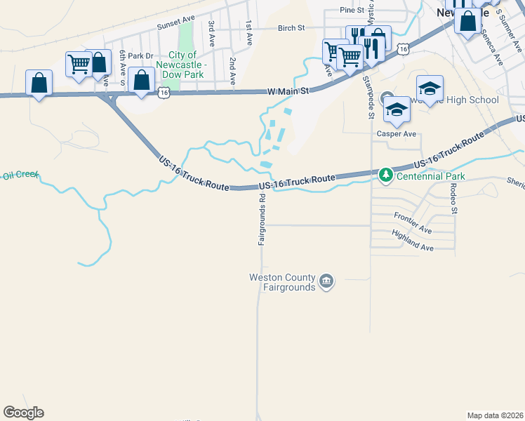 map of restaurants, bars, coffee shops, grocery stores, and more near 13 Fairgrounds Road in Newcastle