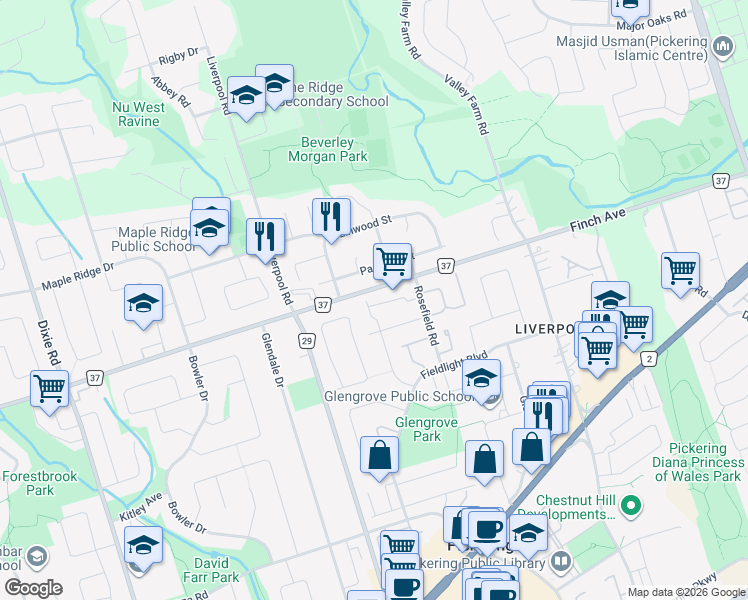 map of restaurants, bars, coffee shops, grocery stores, and more near 1975 Memory Lane in Pickering