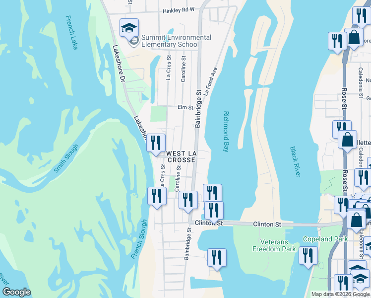 map of restaurants, bars, coffee shops, grocery stores, and more near 1623 Bainbridge Street in La Crosse