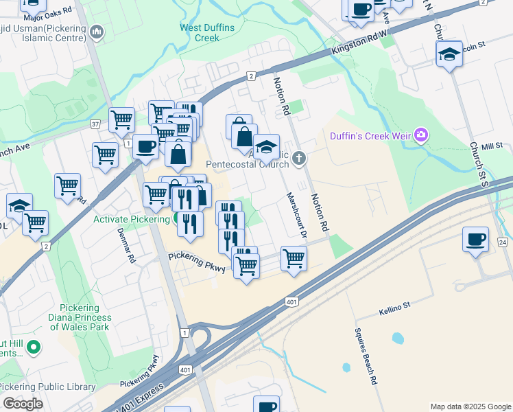 map of restaurants, bars, coffee shops, grocery stores, and more near in Pickering