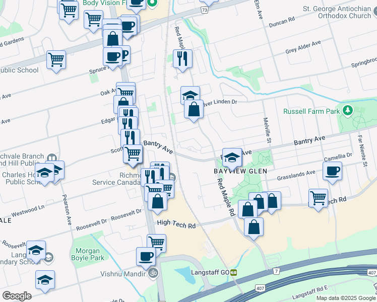 map of restaurants, bars, coffee shops, grocery stores, and more near in Richmond Hill