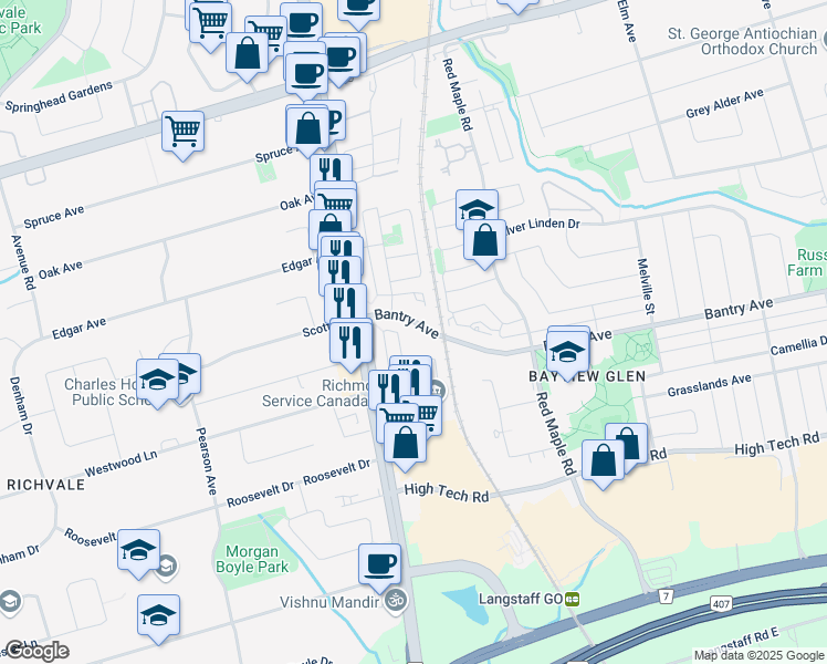 map of restaurants, bars, coffee shops, grocery stores, and more near in Richmond Hill