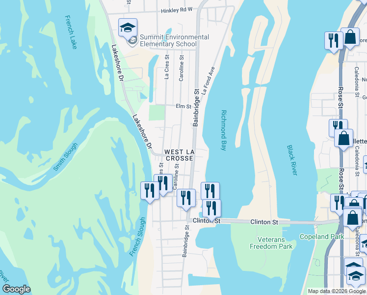 map of restaurants, bars, coffee shops, grocery stores, and more near 1623 Bainbridge Street in La Crosse
