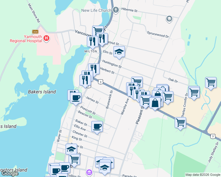 map of restaurants, bars, coffee shops, grocery stores, and more near in Yarmouth