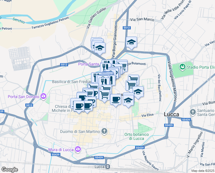 map of restaurants, bars, coffee shops, grocery stores, and more near 142-150 Via Fillungo in Lucca