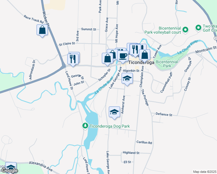 map of restaurants, bars, coffee shops, grocery stores, and more near 147 Lake George Ave in Ticonderoga