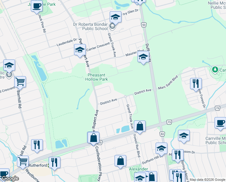 map of restaurants, bars, coffee shops, grocery stores, and more near 59 Maverick Crescent in Vaughan