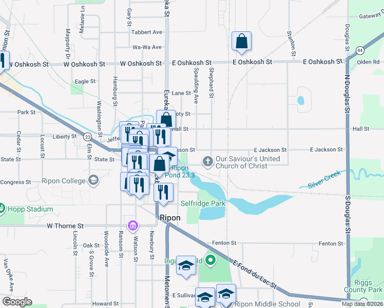 map of restaurants, bars, coffee shops, grocery stores, and more near 306 East Jackson Street in Ripon