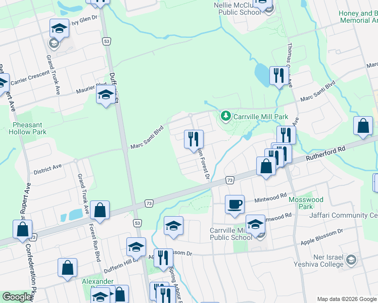 map of restaurants, bars, coffee shops, grocery stores, and more near 22 Heriot Place in Vaughan