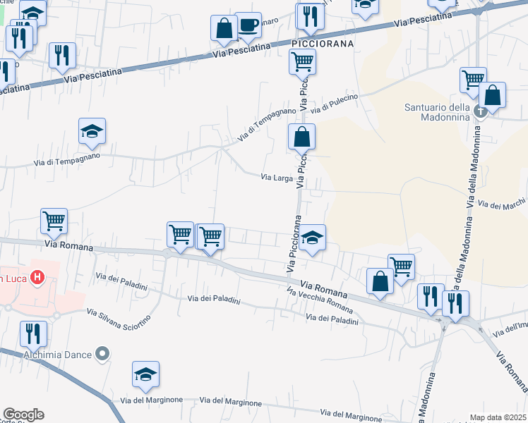 map of restaurants, bars, coffee shops, grocery stores, and more near 140 Traversa I Via di Picciorana in Lucca