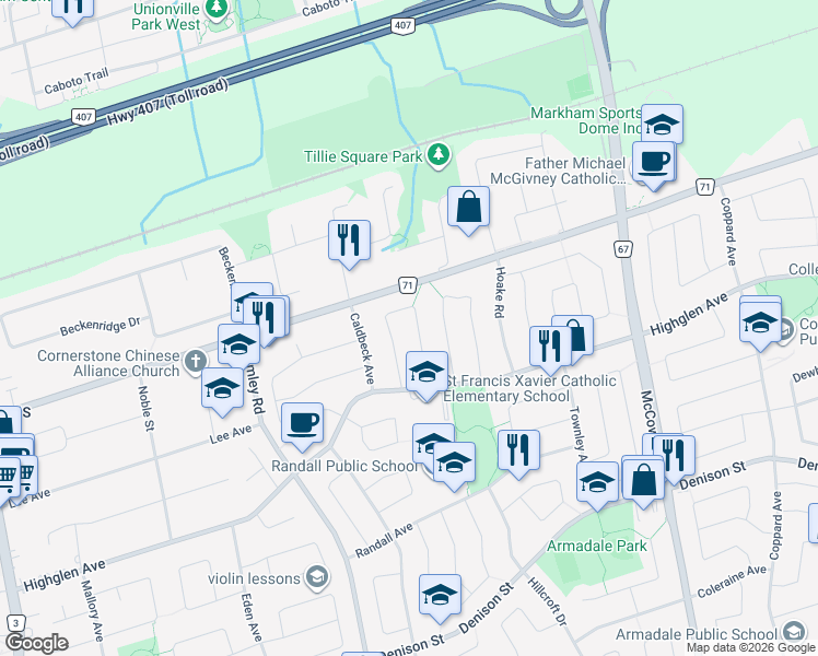 map of restaurants, bars, coffee shops, grocery stores, and more near 41 Cornell Crescent in Markham