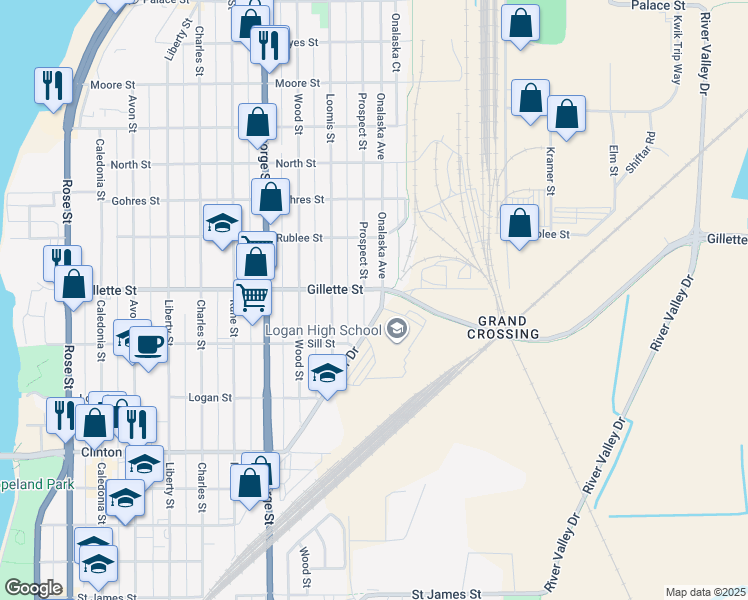 map of restaurants, bars, coffee shops, grocery stores, and more near 1603 Gillette Street in La Crosse