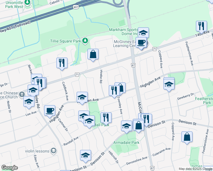 map of restaurants, bars, coffee shops, grocery stores, and more near 18 Ashgrove Road in Markham