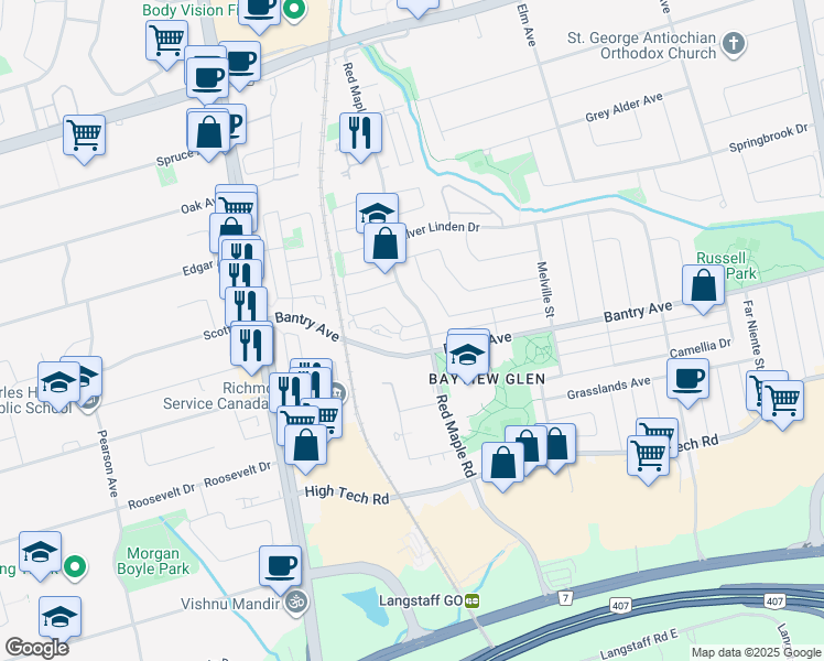 map of restaurants, bars, coffee shops, grocery stores, and more near 15 King William Crescent in Richmond Hill