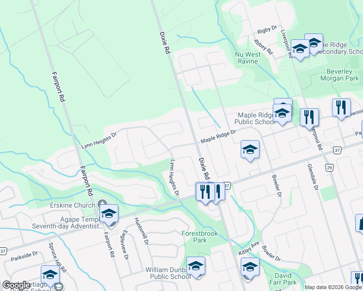 map of restaurants, bars, coffee shops, grocery stores, and more near Colonial Street in Pickering