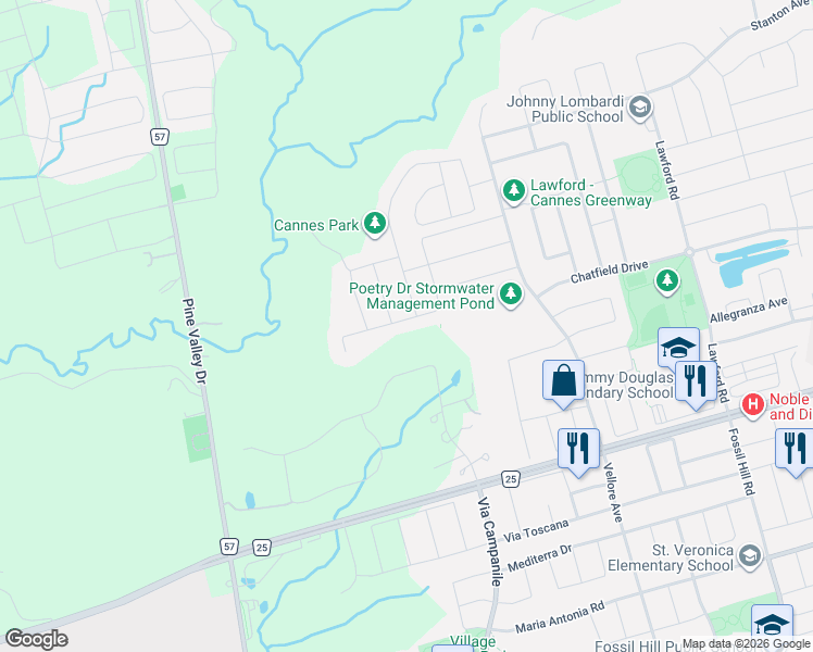 map of restaurants, bars, coffee shops, grocery stores, and more near 187 Stormont Trail in Vaughan