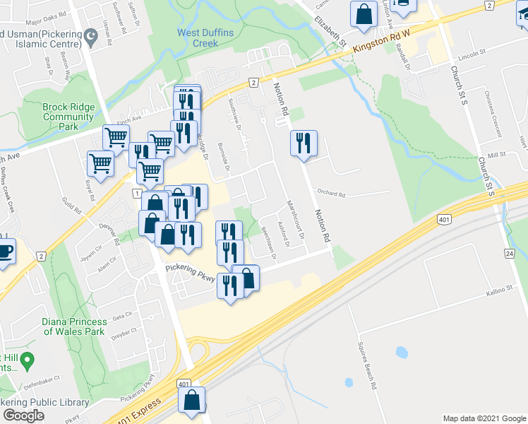 map of restaurants, bars, coffee shops, grocery stores, and more near 1546 Beechlawn Drive in Pickering