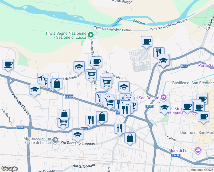 map of restaurants, bars, coffee shops, grocery stores, and more near 247 Via Don Giovanni Minzoni in Lucca