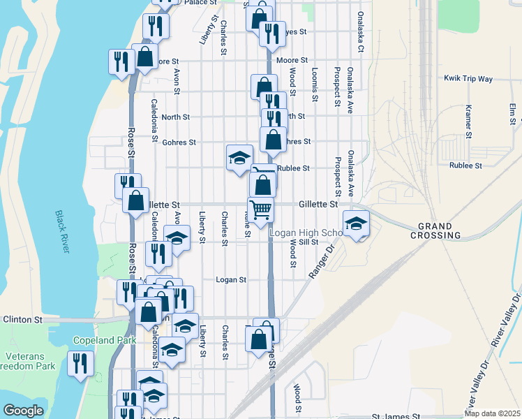 map of restaurants, bars, coffee shops, grocery stores, and more near 1109 Gillette Street in La Crosse