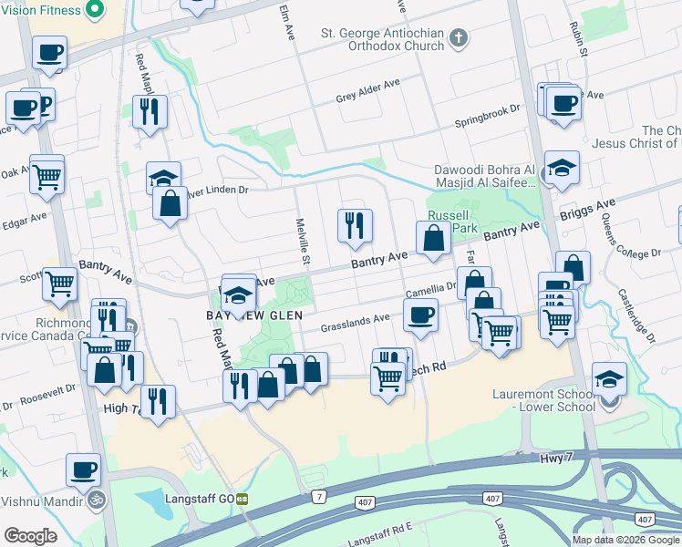 map of restaurants, bars, coffee shops, grocery stores, and more near 309 Bantry Avenue in Richmond Hill