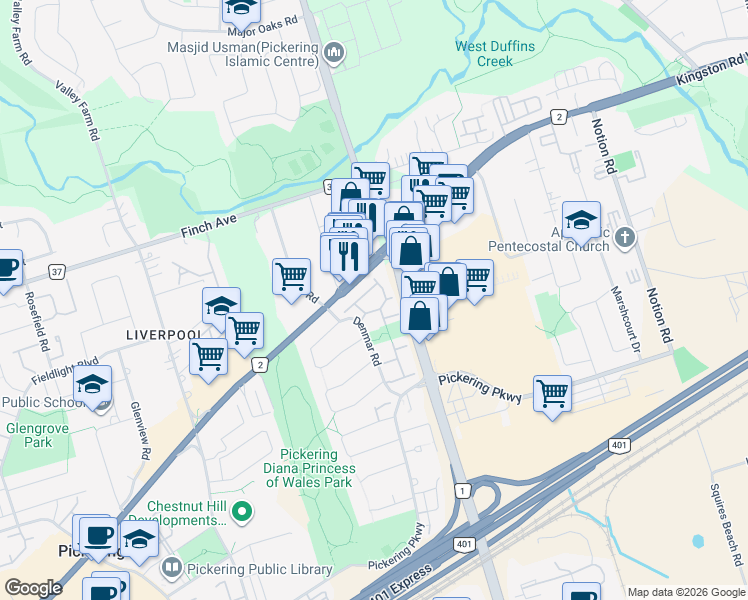 map of restaurants, bars, coffee shops, grocery stores, and more near 1660 Kingston Road in Pickering