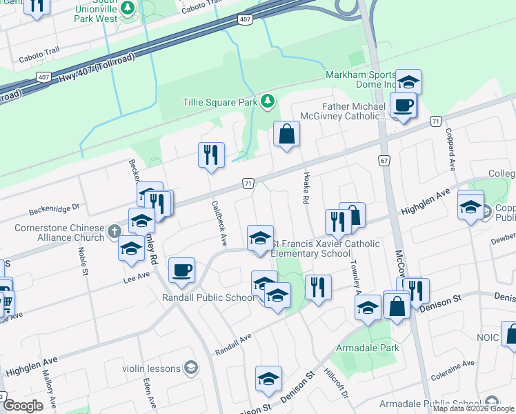 map of restaurants, bars, coffee shops, grocery stores, and more near 62 Cornell Crescent in Markham
