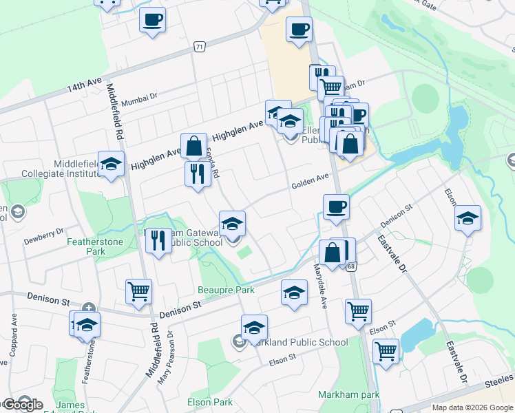map of restaurants, bars, coffee shops, grocery stores, and more near 163 Golden Avenue in Markham