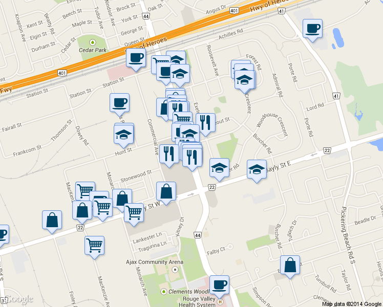 map of restaurants, bars, coffee shops, grocery stores, and more near 307 Harwood Avenue South in Ajax