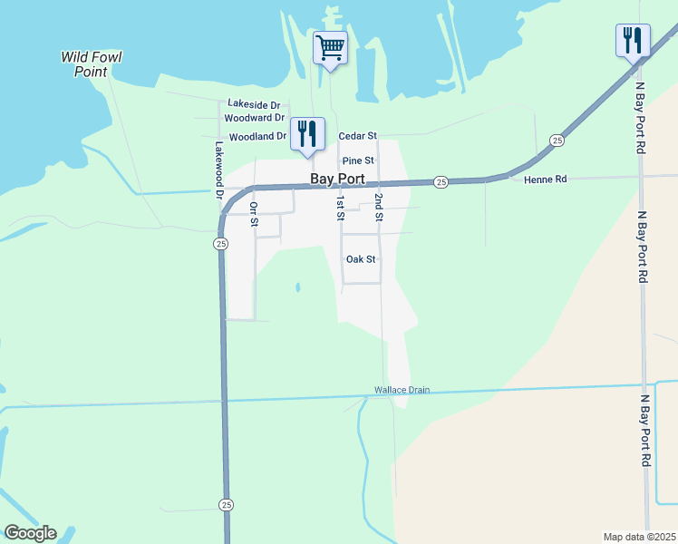 map of restaurants, bars, coffee shops, grocery stores, and more near 619 1st Street in Bay Port