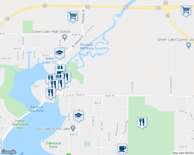 map of restaurants, bars, coffee shops, grocery stores, and more near 570 South Street in Green Lake