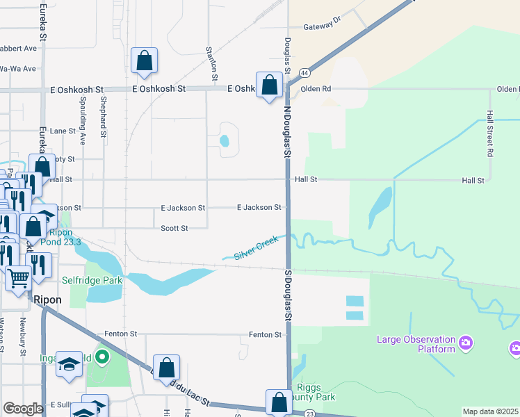 map of restaurants, bars, coffee shops, grocery stores, and more near 677 East Jackson Street in Ripon