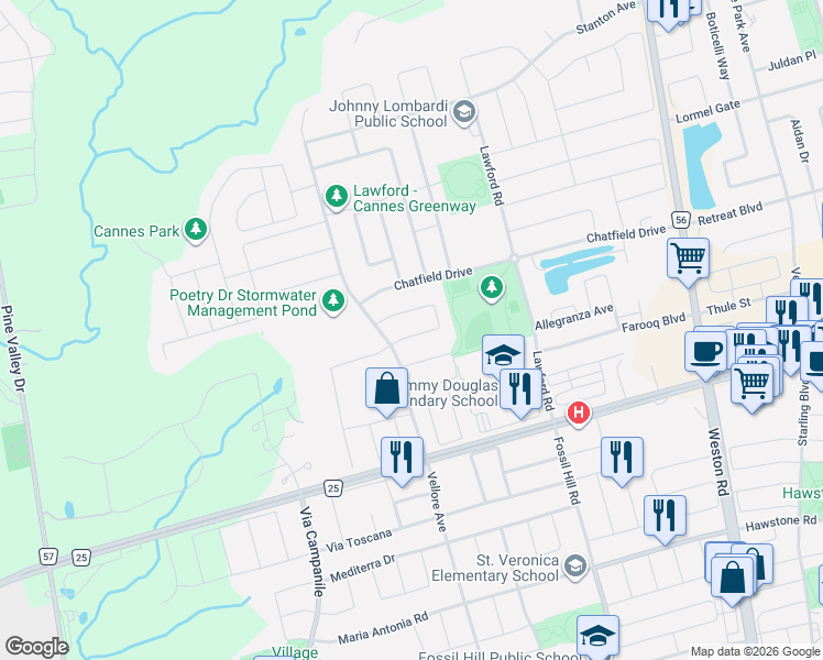 map of restaurants, bars, coffee shops, grocery stores, and more near in Vaughan