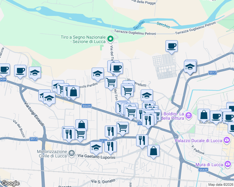 map of restaurants, bars, coffee shops, grocery stores, and more near 202 Traversa 1 in Lucca