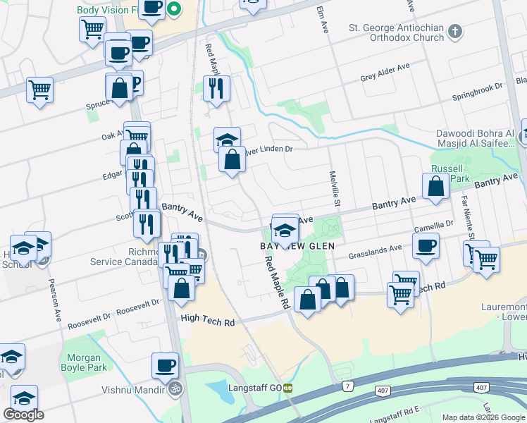 map of restaurants, bars, coffee shops, grocery stores, and more near 185 Red Maple Road in Richmond Hill