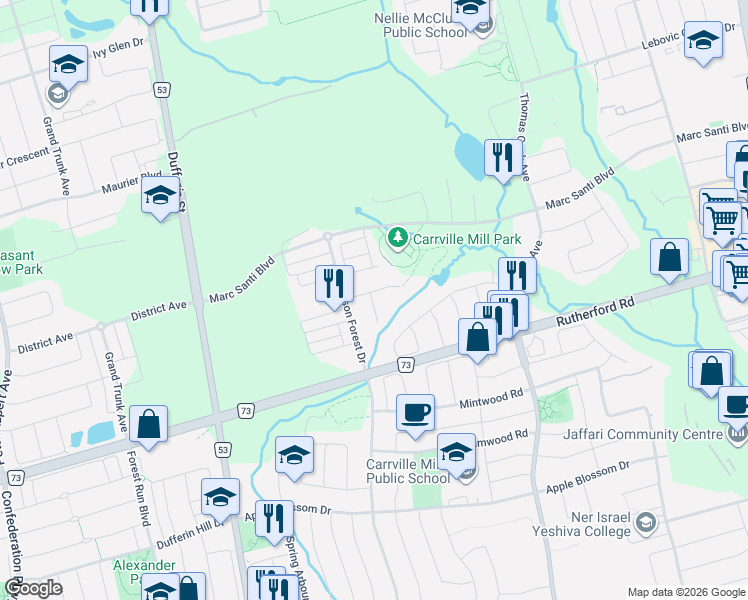 map of restaurants, bars, coffee shops, grocery stores, and more near 32 Rock Elm Court in Vaughan