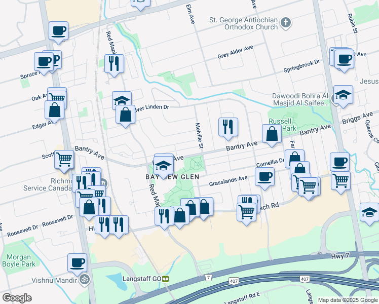 map of restaurants, bars, coffee shops, grocery stores, and more near 258 Bantry Avenue in Richmond Hill
