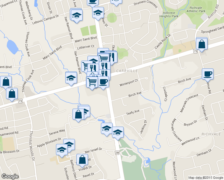 map of restaurants, bars, coffee shops, grocery stores, and more near in Richmond Hill