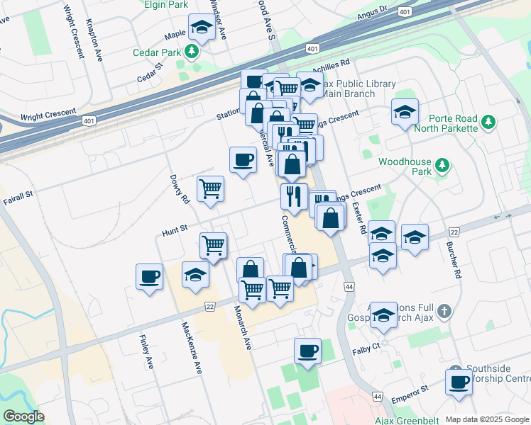 map of restaurants, bars, coffee shops, grocery stores, and more near 73 Hunt Street in Ajax